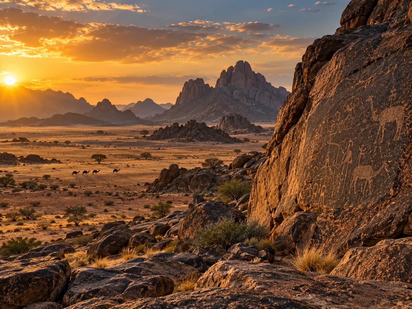 A rock outcrop and desert plain under a sunset sky in the north.