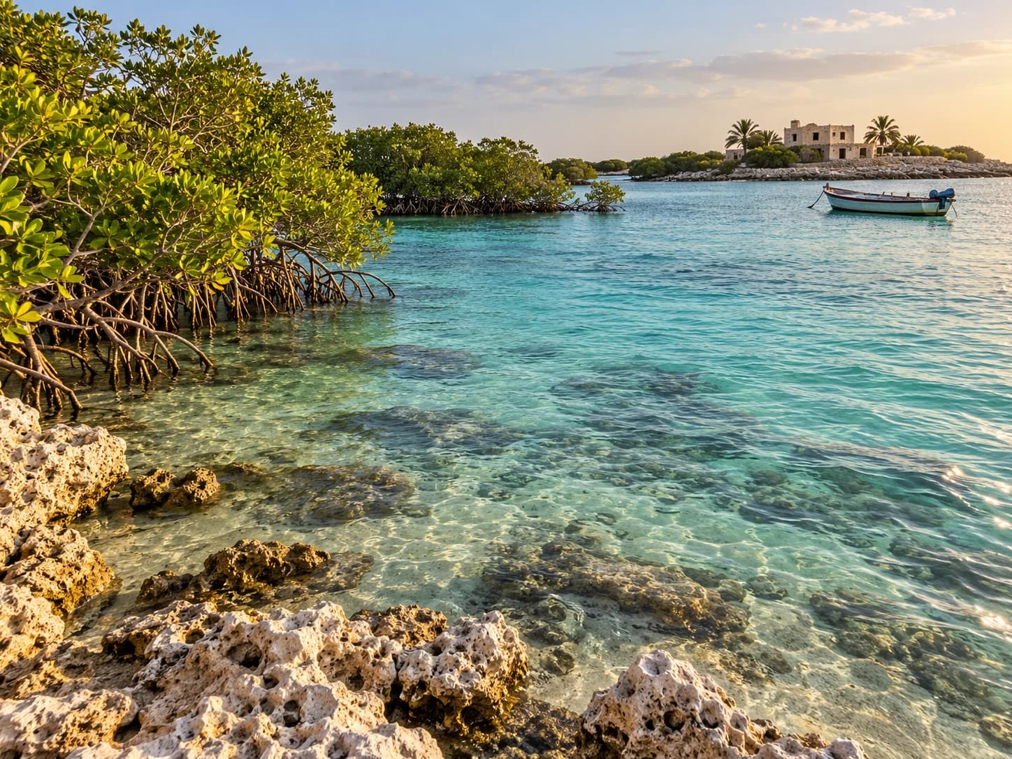 Clear turquoise water, mangroves and a small island on the southern Red Sea coast.