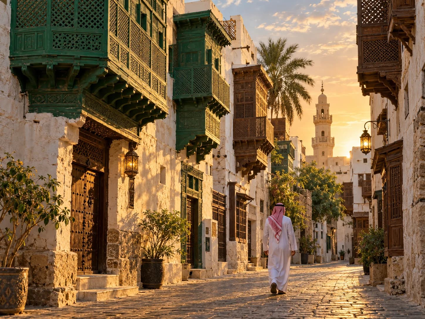 A traditional street of coral-stone houses with wooden balconies in historic Jeddah.