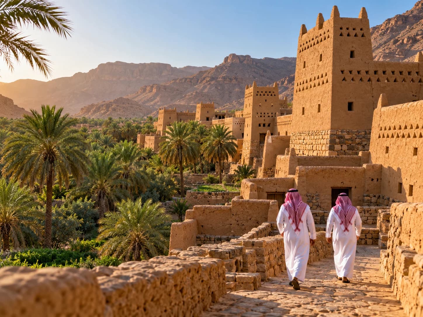 Two men walk past tall mud-brick tower houses among palms in Najran.