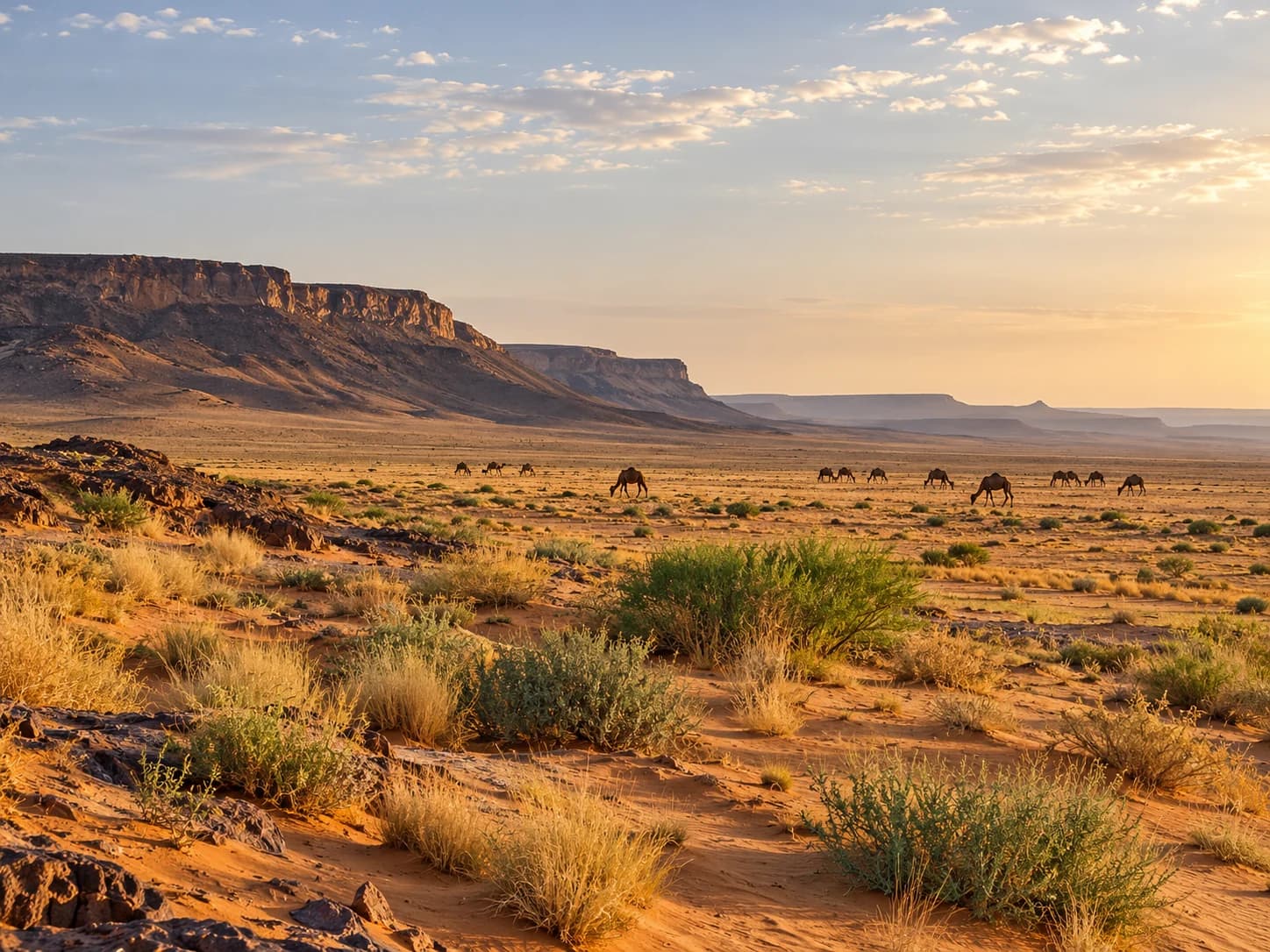 Open desert plains with distant escarpments and grazing camels.