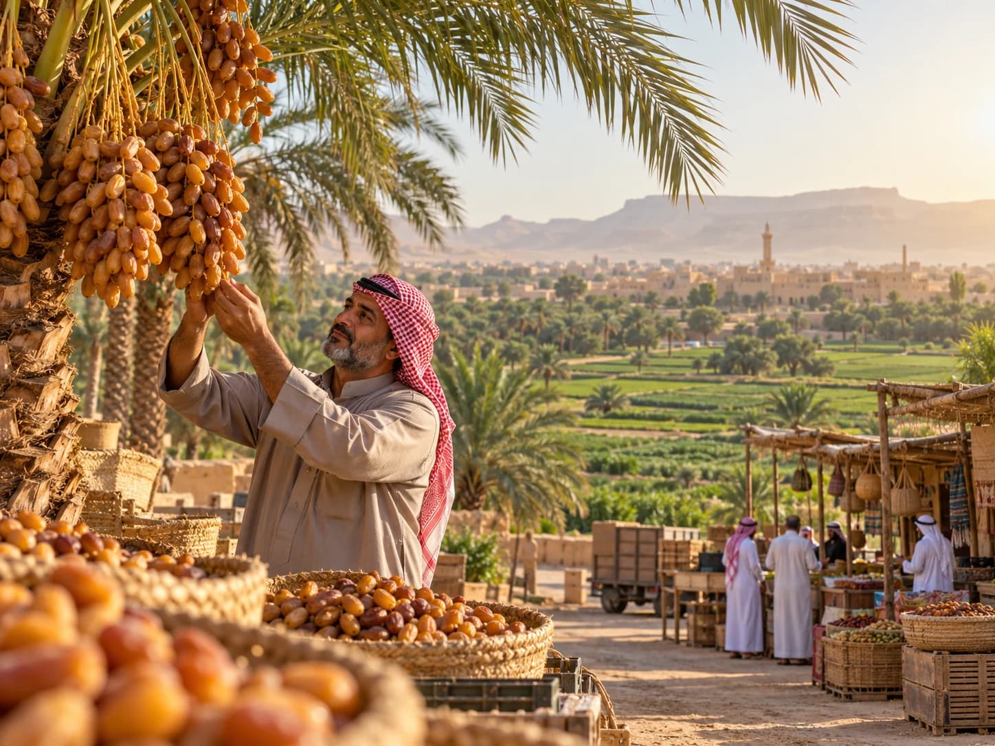 A farmer picks dates from a palm beside a market in a green oasis.