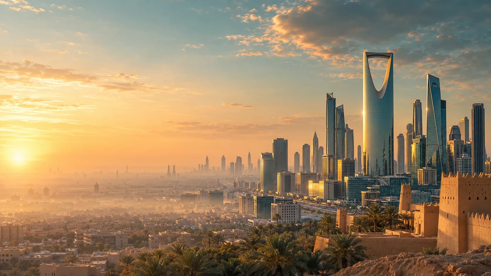 The Riyadh skyline at sunrise, seen beyond a historic mud-brick wall.