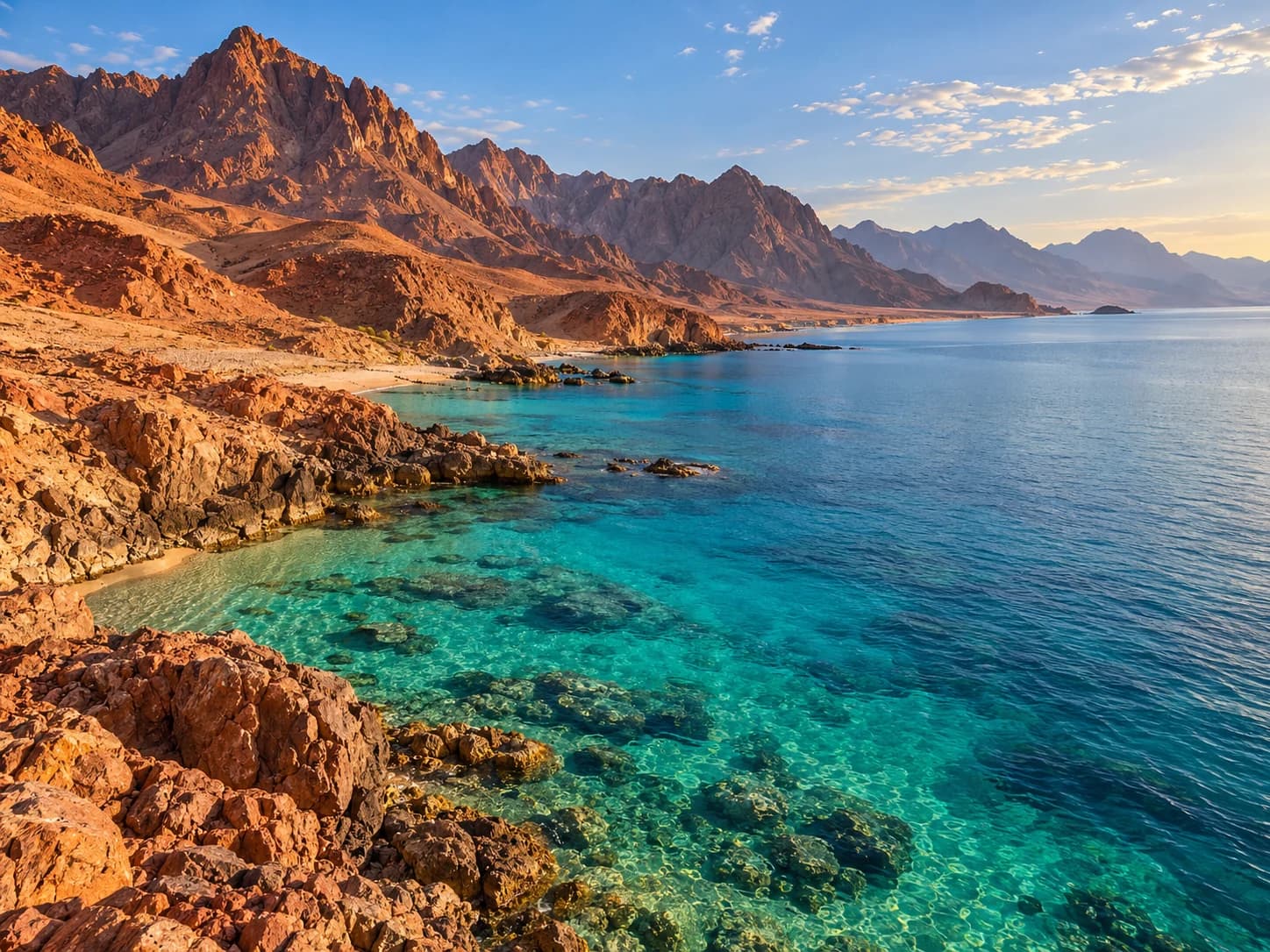 Rugged red mountains meet turquoise water along the northwestern Red Sea coast.