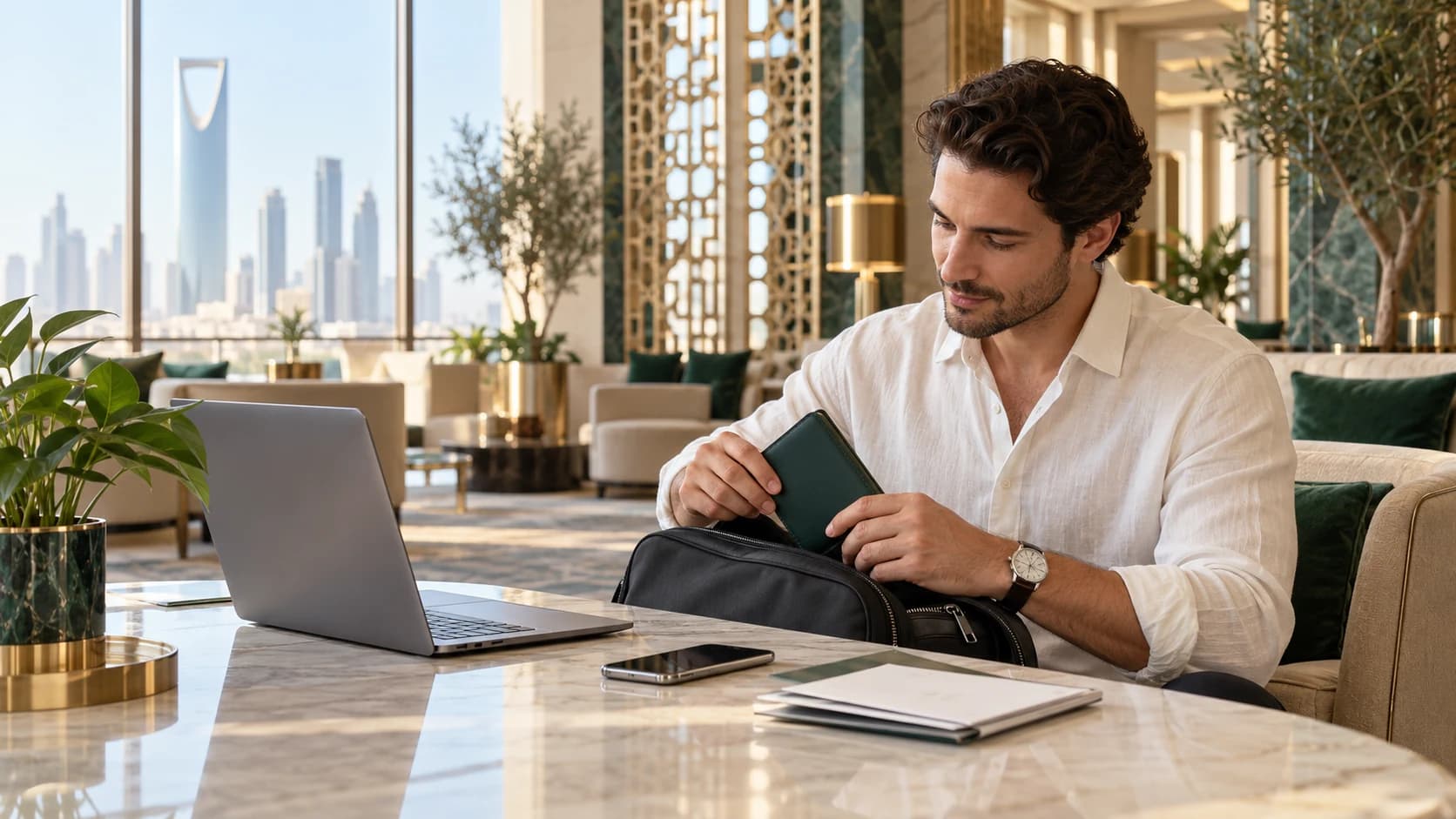 A male traveller prepares travel documents and luggage in a modern Riyadh hotel lounge.