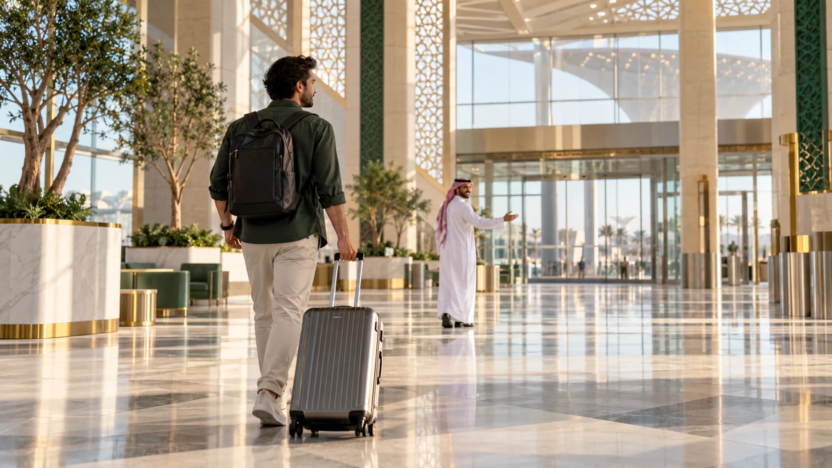 A traveller walks through a modern Saudi airport arrivals concourse with a Saudi concierge ahead.