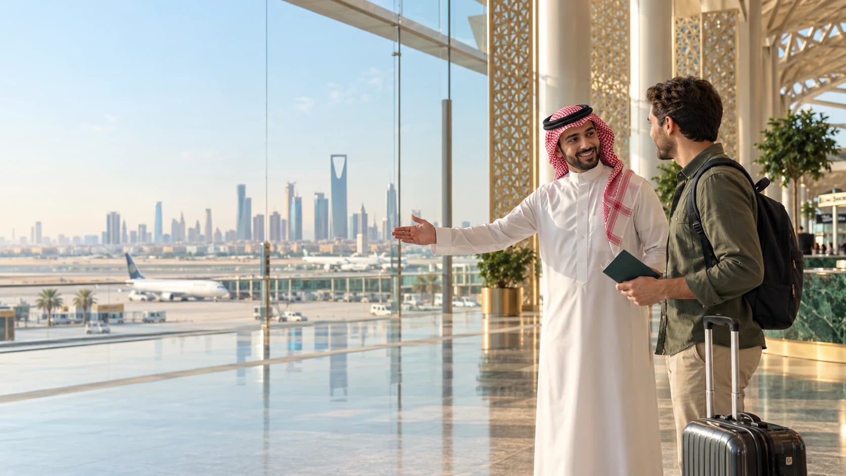 A Saudi male travel concierge welcomes an international visitor in a bright Riyadh airport lounge.