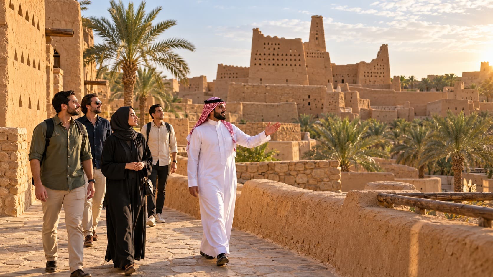 Illustrative image: a heritage guide with visitors in a historic Najdi setting