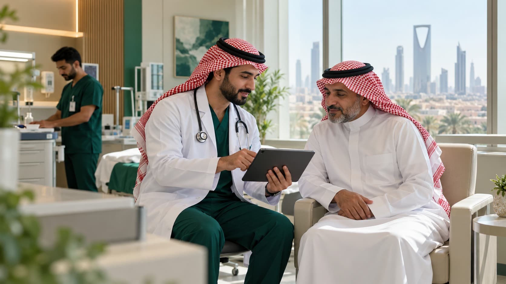 Illustrative image: a physician talking with a patient in a modern clinic