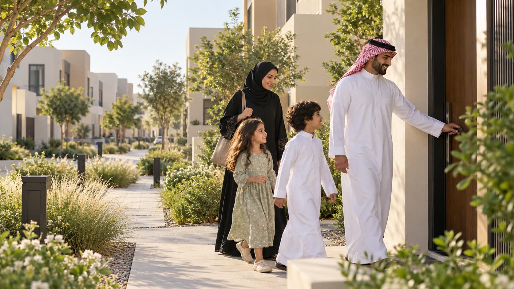 Illustrative image: a family arriving home in a planned neighbourhood