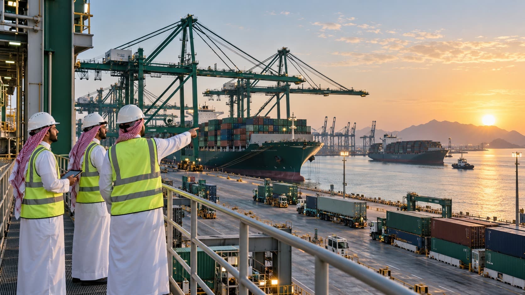Illustrative image: professionals overlooking a container port