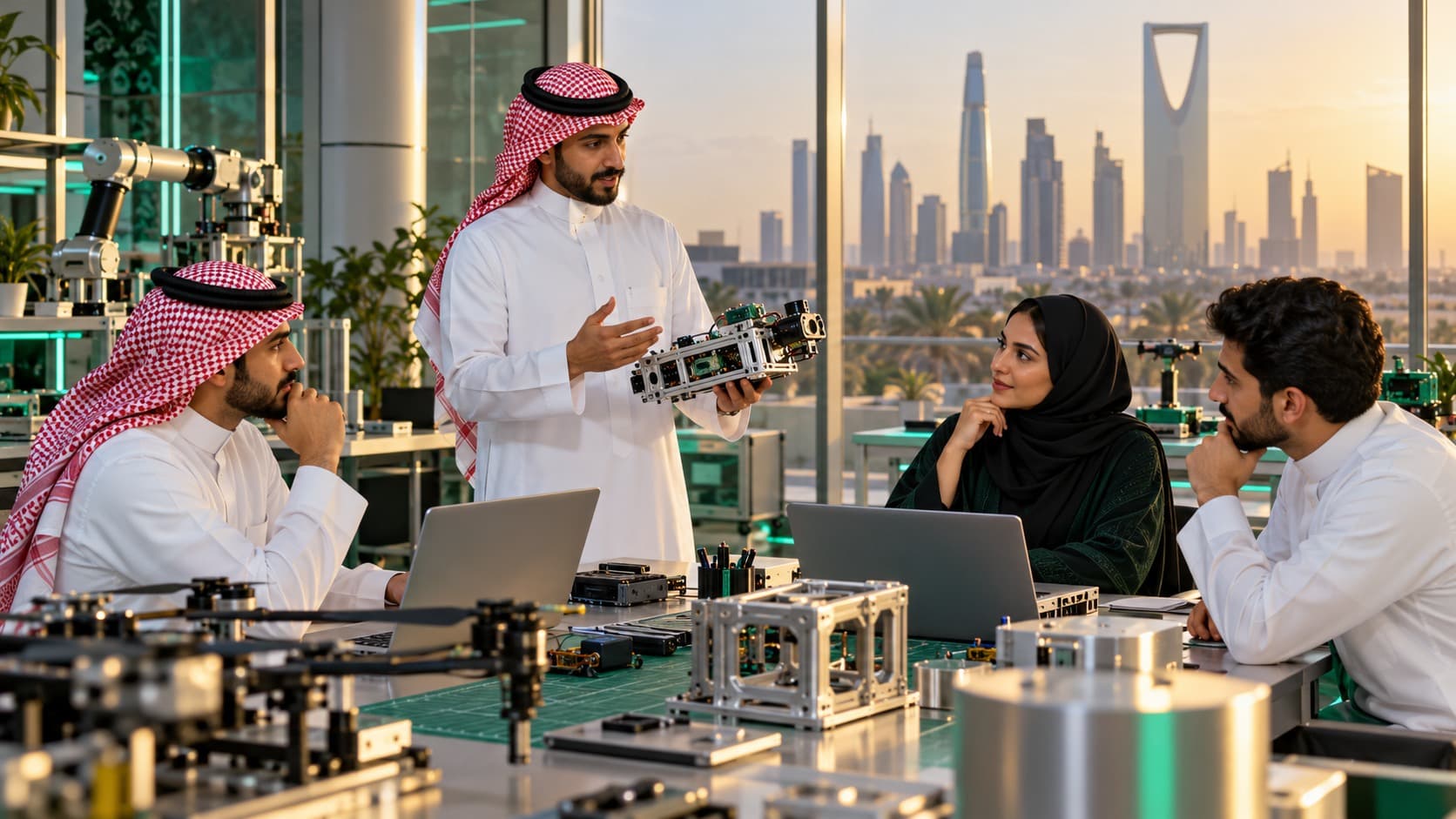 Illustrative image: a founder presenting a prototype in an innovation studio