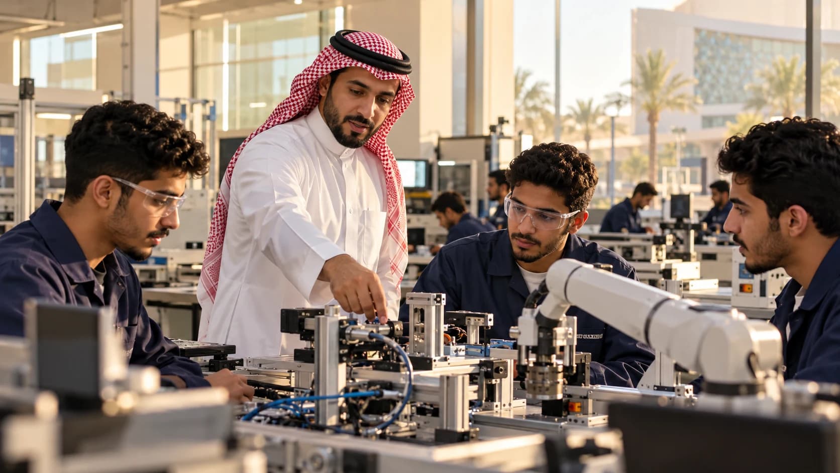 Saudi instructor and adult trainees learning in a technical skills lab.