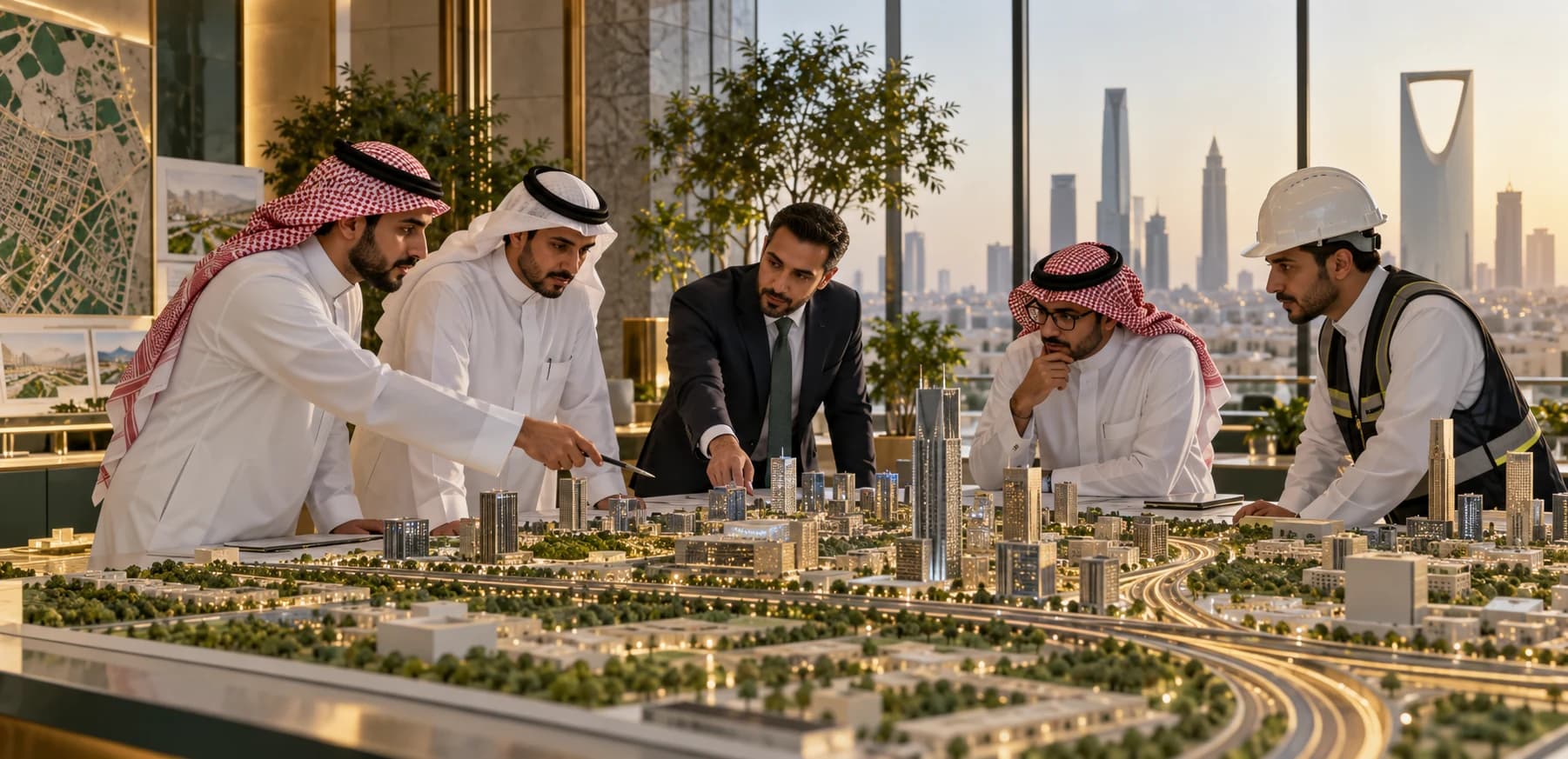Saudi planners and engineers reviewing a model of an urban development.
