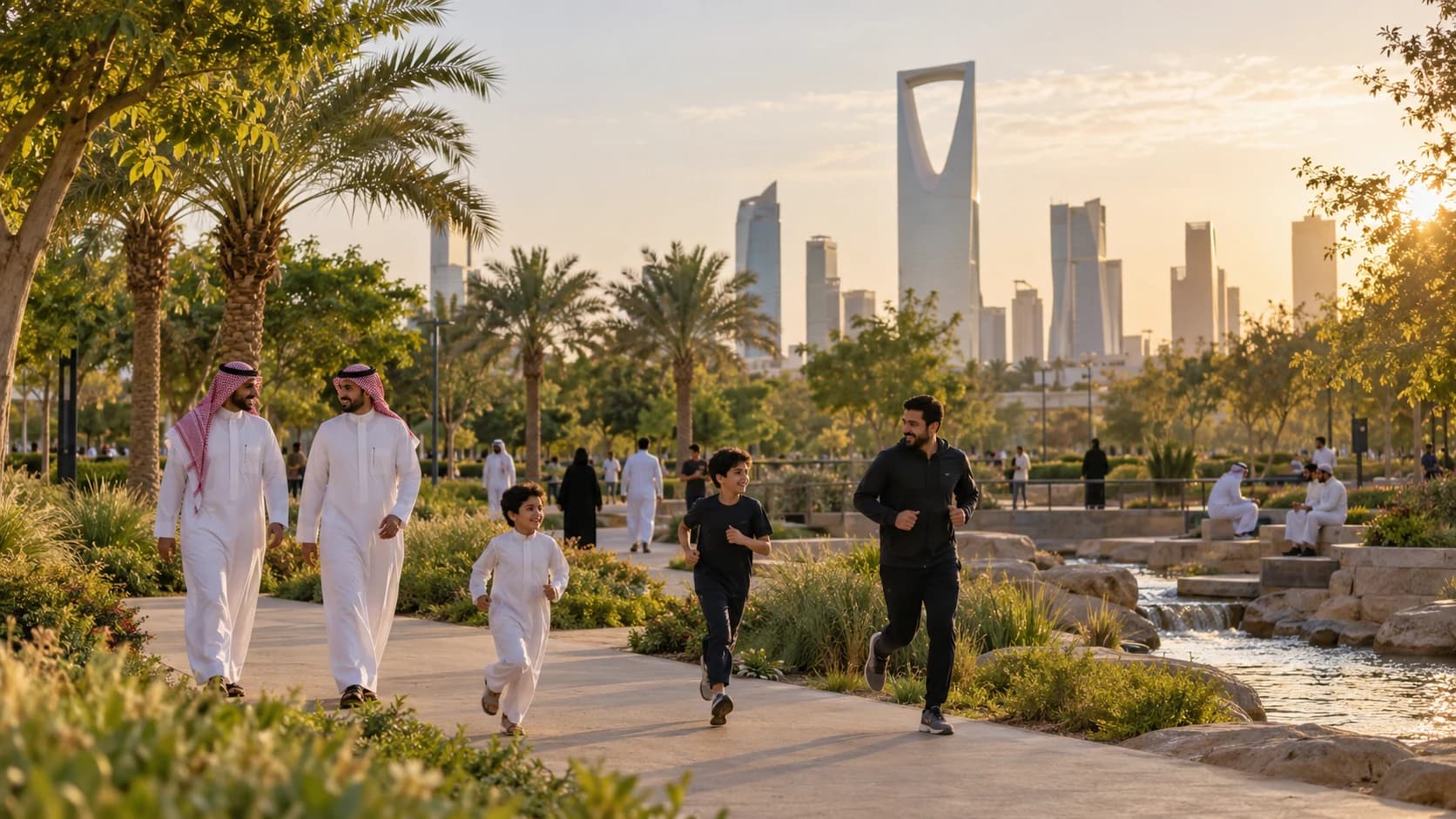 Saudi men and boys walking and exercising in a landscaped Riyadh park.