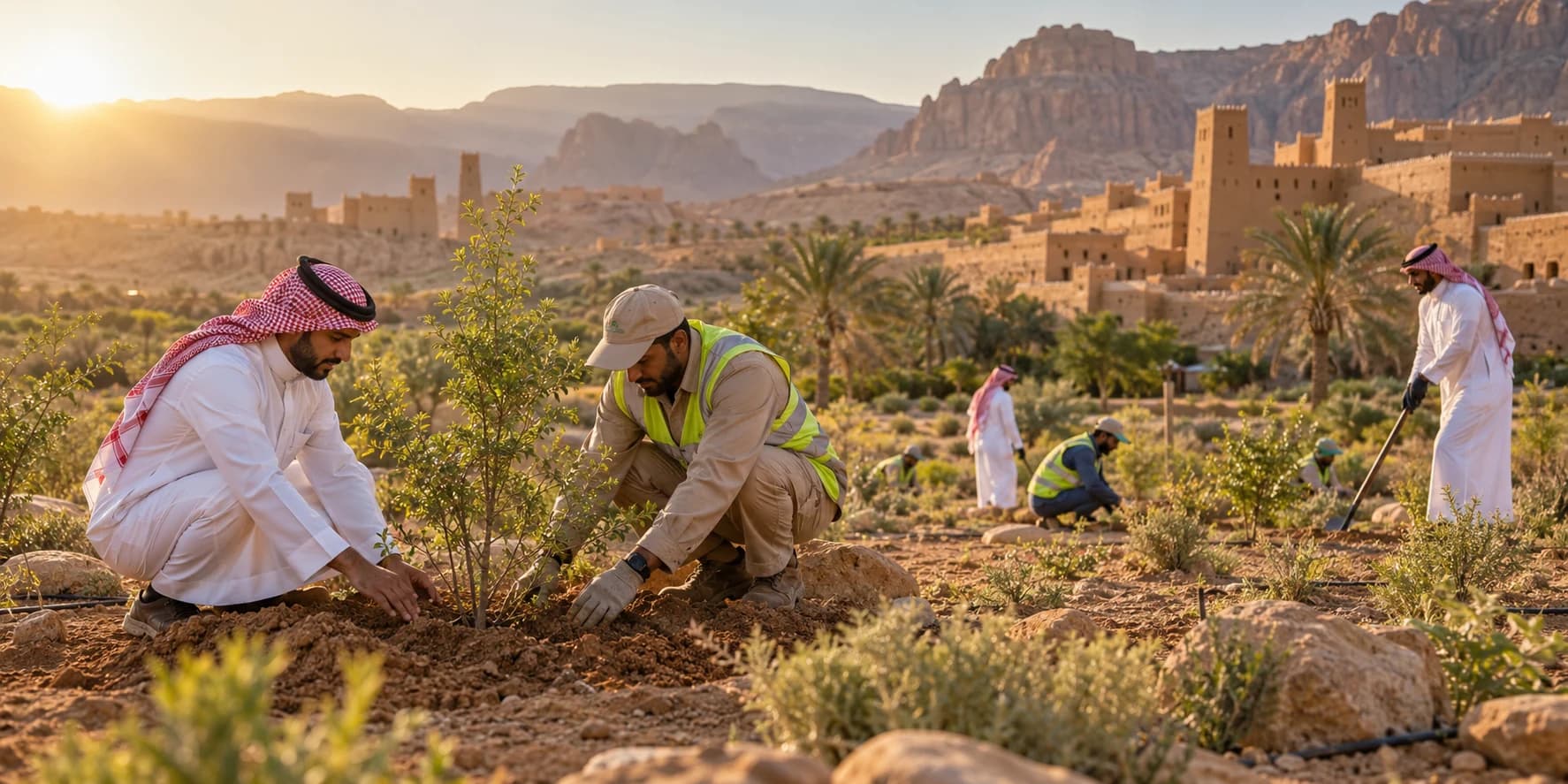 Saudi workers planting native trees near a heritage landscape.