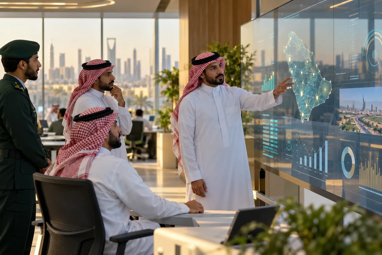 Saudi public-sector team reviewing a digital performance dashboard.