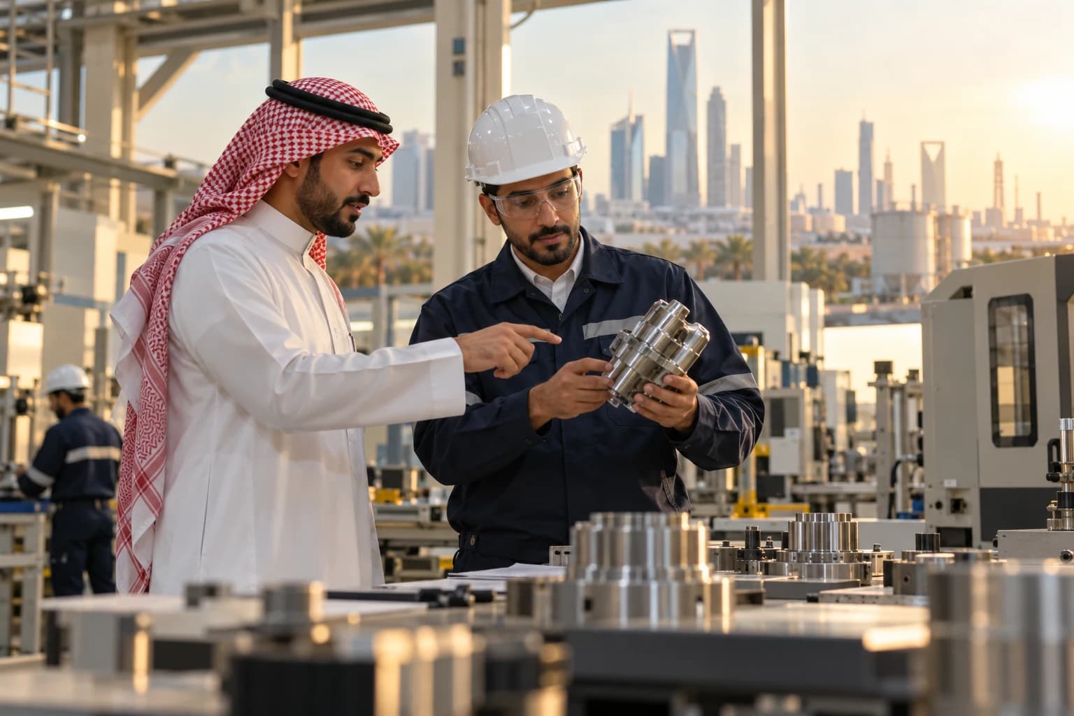 Saudi professionals collaborating around equipment in a modern manufacturing facility.