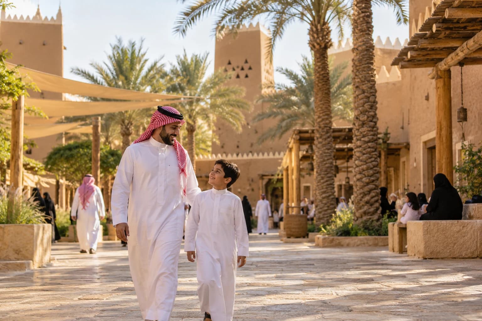 Saudi father and son walking in a restored heritage district.