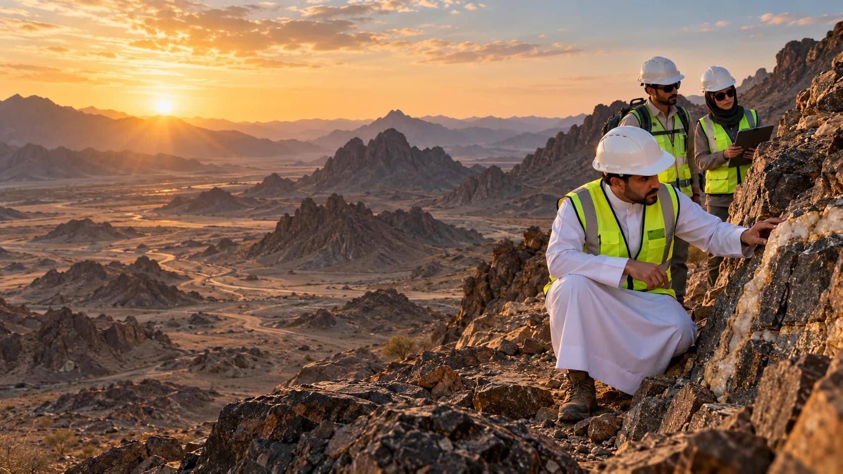 Illustrative image: Saudi geologists in hard hats survey rugged mountains at sunset