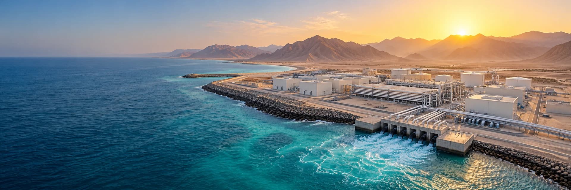 Illustrative coastal Saudi desalination facility at sunrise