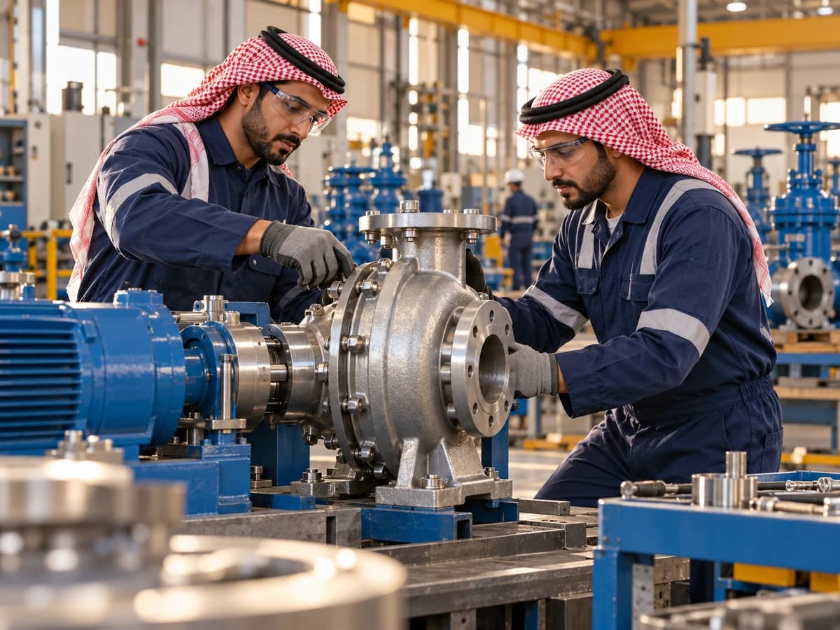 Illustrative Saudi technicians inspecting a water pump assembly