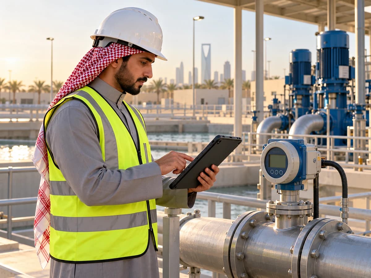 Illustrative Saudi engineer inspecting water-network instrumentation