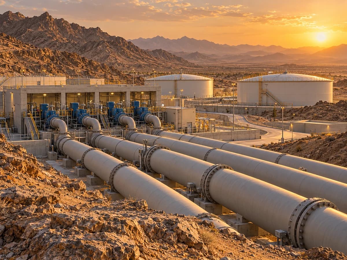 Illustrative water pipelines and storage in Saudi desert terrain