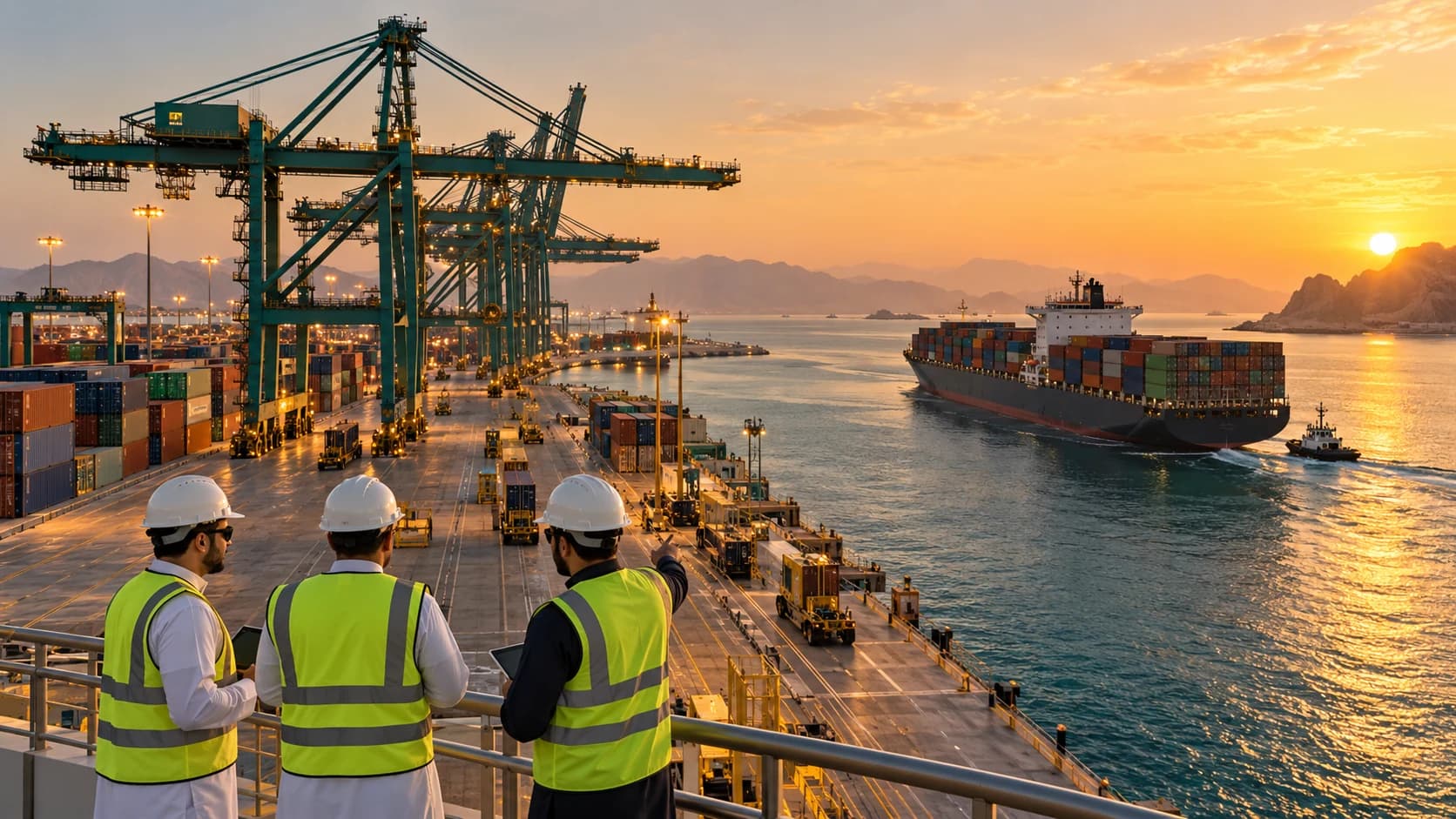 Cargo ship and port cranes at a Saudi Red Sea terminal at sunset, with port professionals in the foreground.