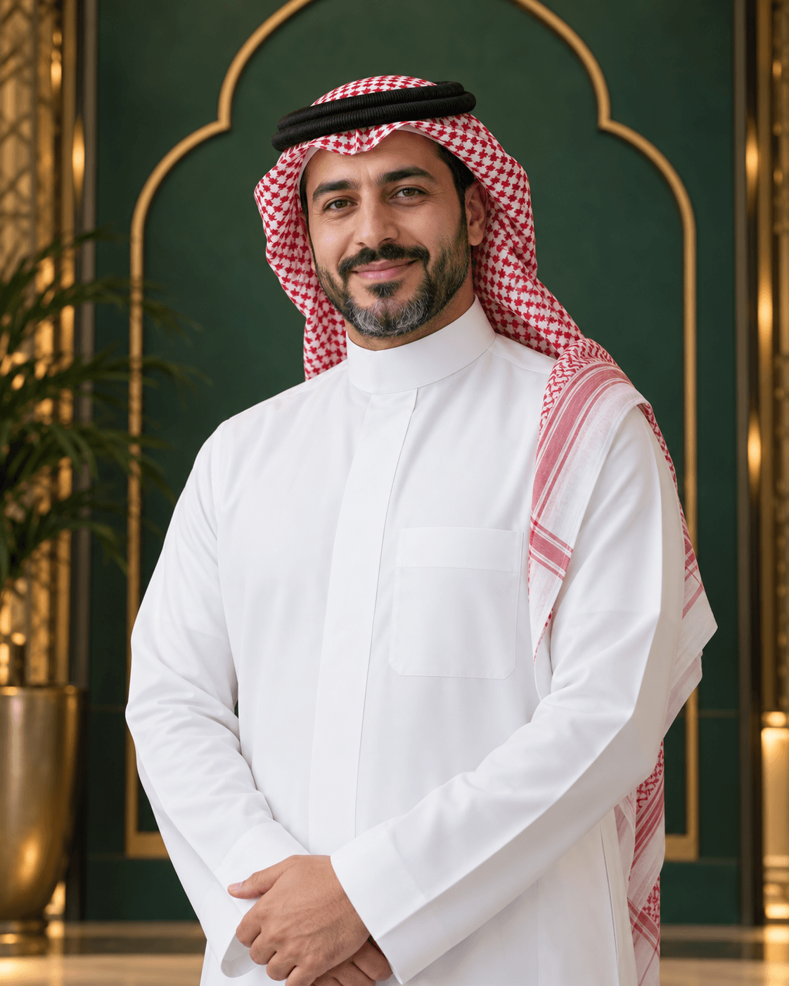 Portrait of a Saudi male concierge in a white thobe and ghutra