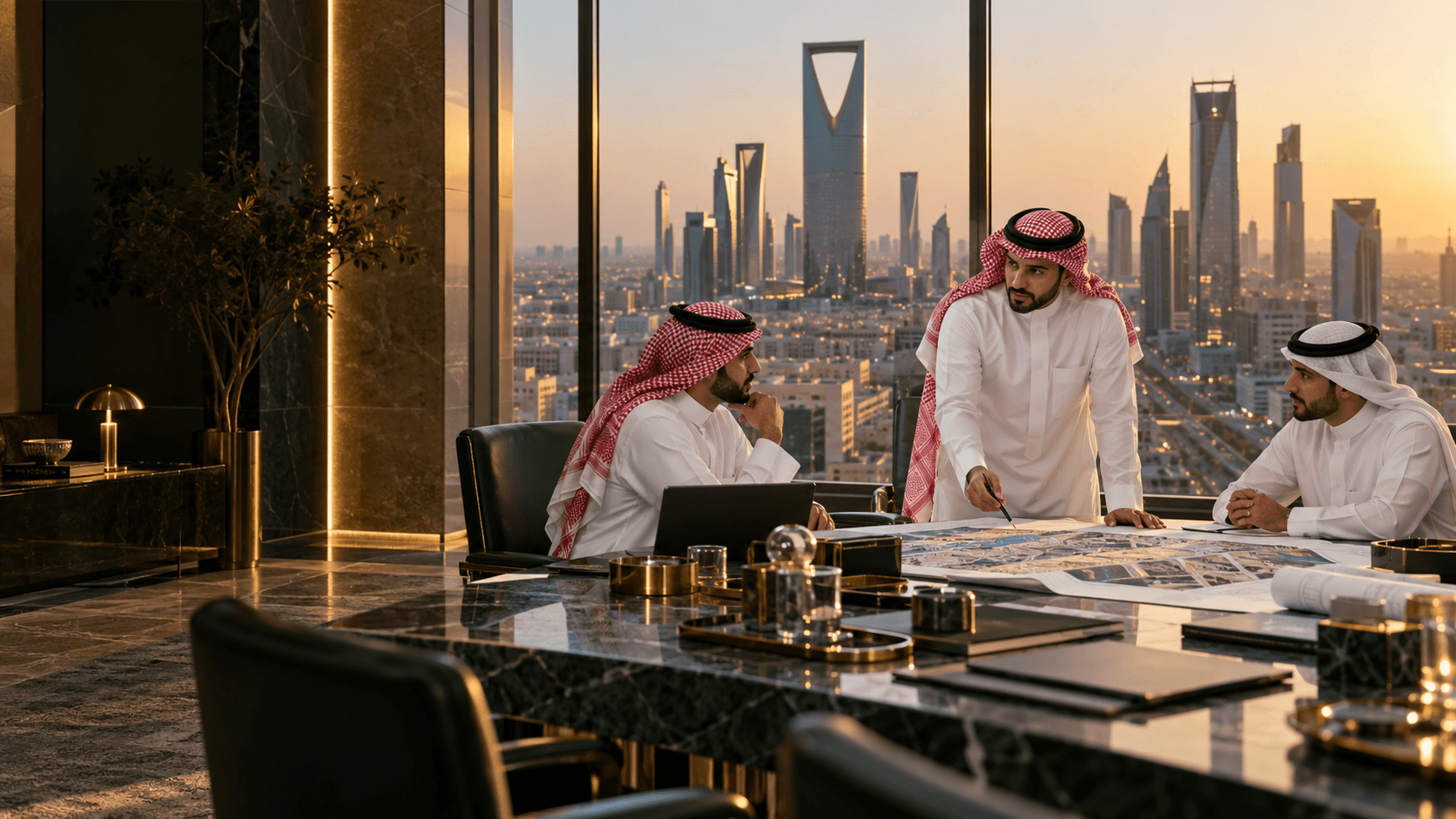 Saudi male business leaders reviewing a strategy in a Riyadh boardroom