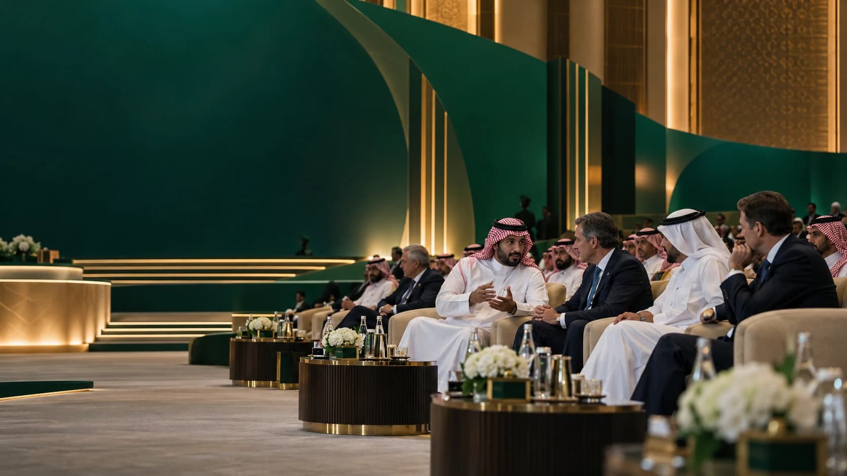 Saudi and international business leaders meet during a summit in a green Riyadh conference hall.