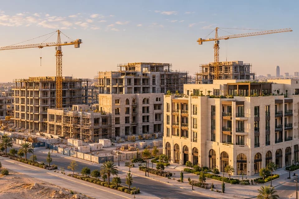 Conceptual Saudi mixed-use construction district with cranes and limestone buildings at sunrise