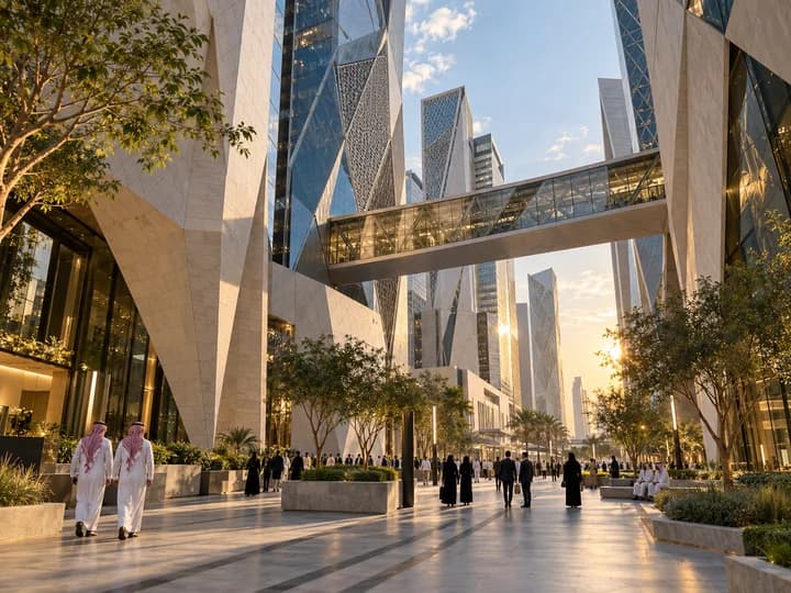 AI interpretation inspired by KAFD’s angular towers and public realm; not a documentary photograph
