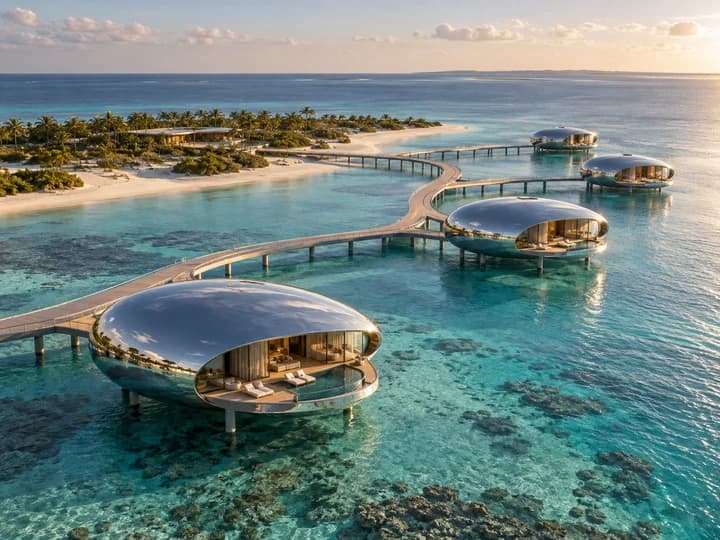 AI interpretation inspired by Shebara’s reflective overwater architecture; not an exact resort photograph