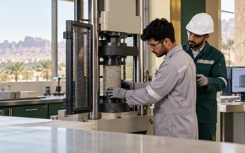 Conceptual Saudi materials-testing team checking a concrete specimen in a laboratory