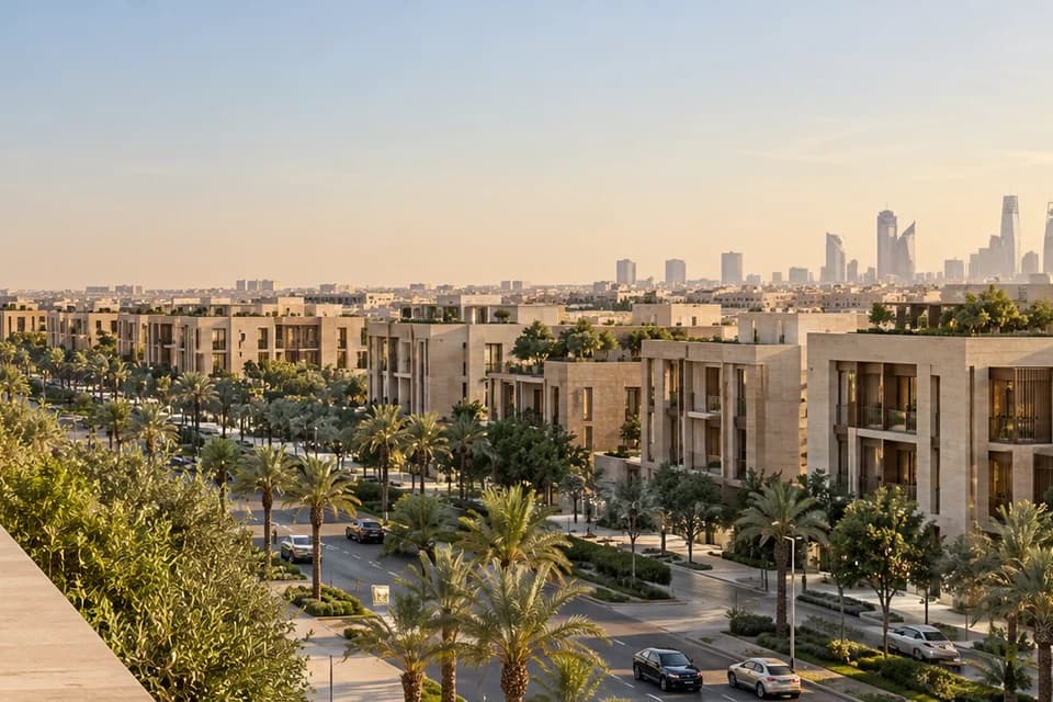 AI illustration of a premium Saudi mixed-use district and shaded boulevard at sunrise