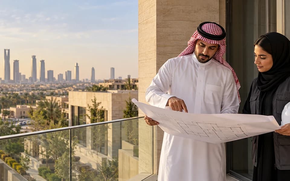 AI illustration of Saudi property professionals reviewing plans on an apartment balcony