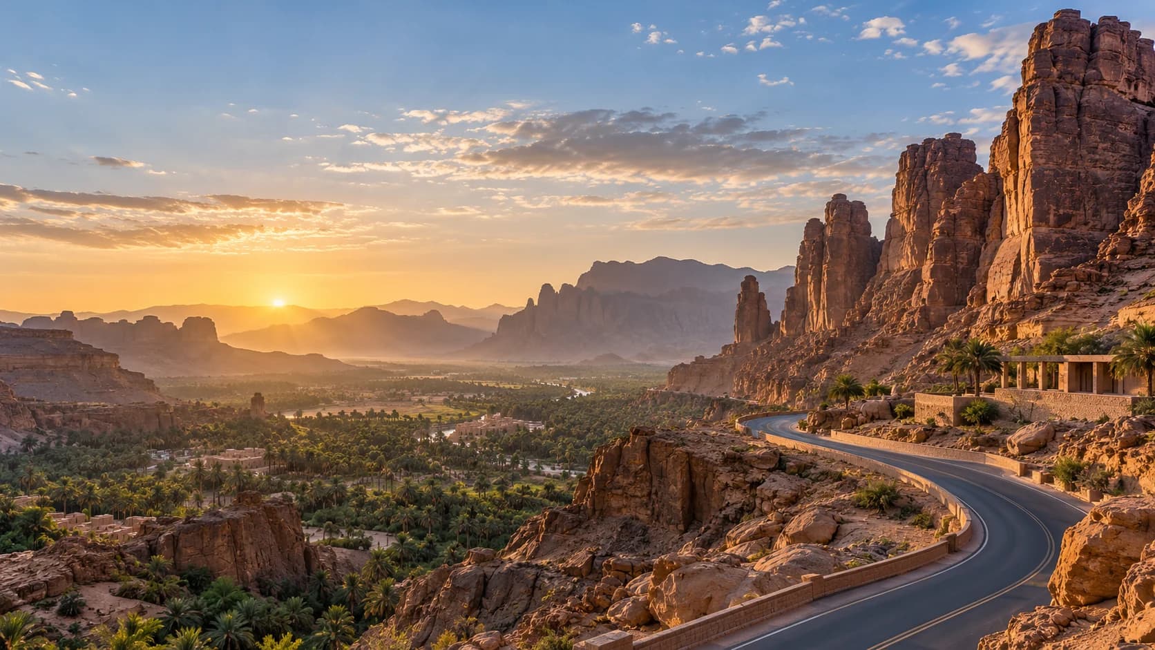 A road winds through golden sandstone mountains and an oasis valley at sunset in Saudi Arabia.