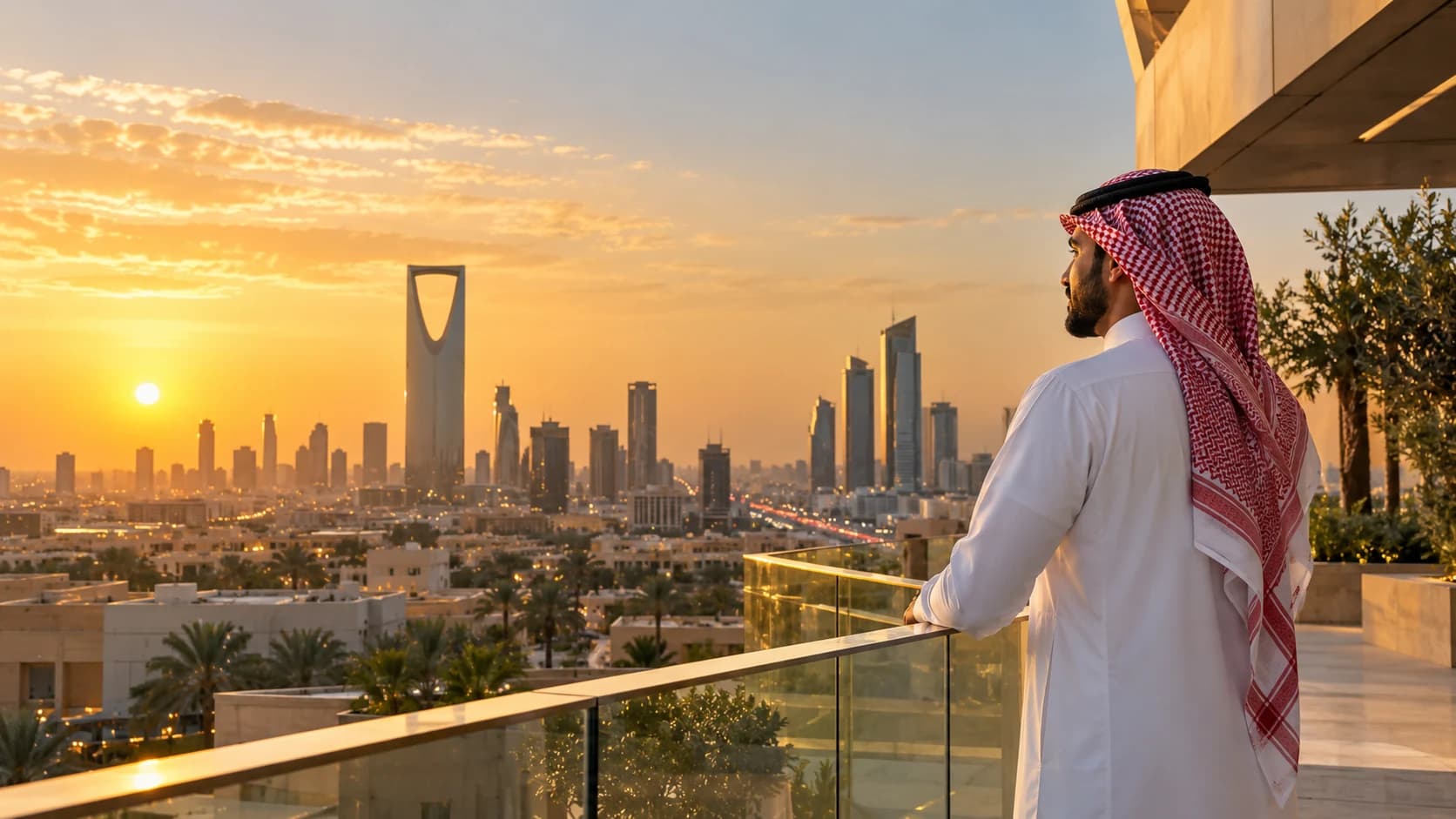Saudi man in traditional dress looking across the Riyadh skyline at sunset.