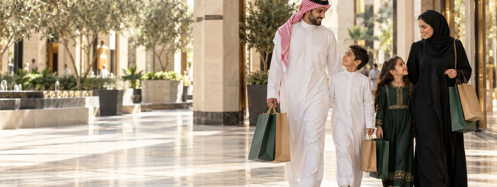 Illustrative Saudi family in an unnamed shopping arcade