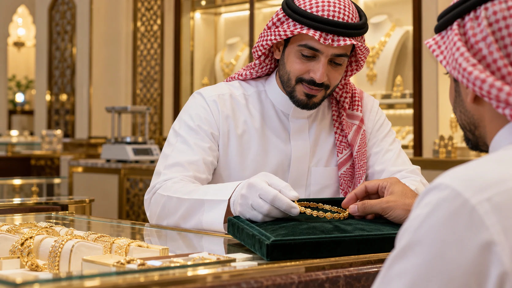 Illustrative jewellery consultation in an unnamed Saudi shop