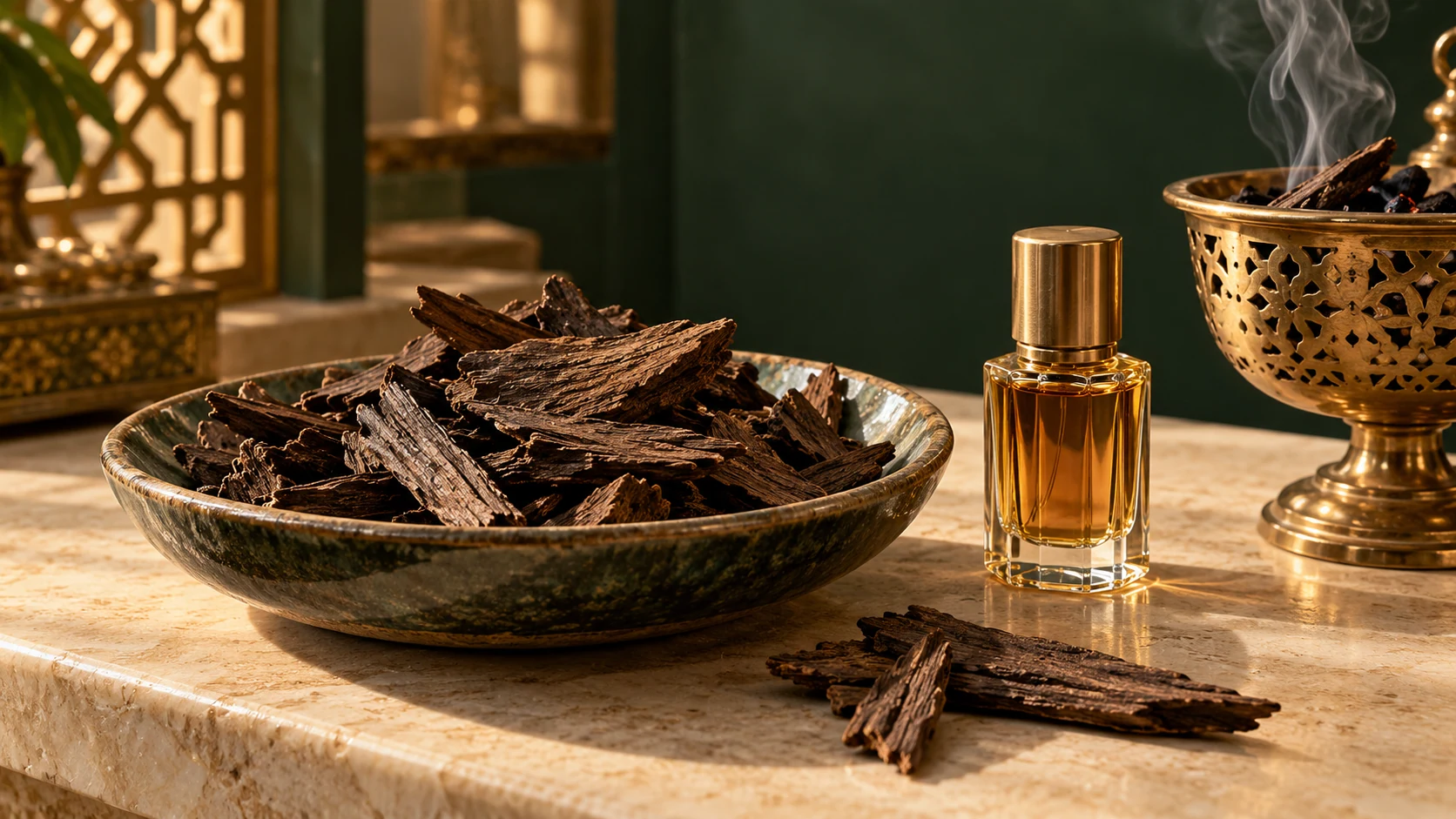 Illustrative unbranded oud and perfume still life