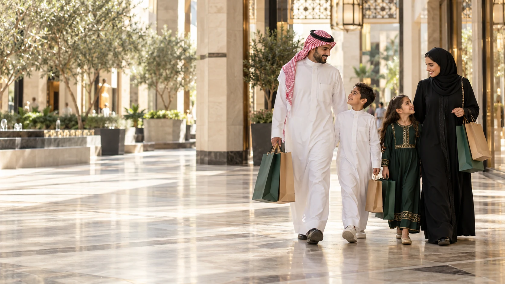 Illustrative Saudi family in an unnamed shopping arcade
